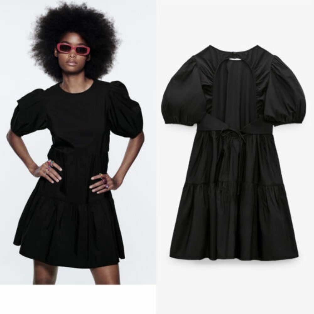 NWT, ZARA tiered poplin back open black dress